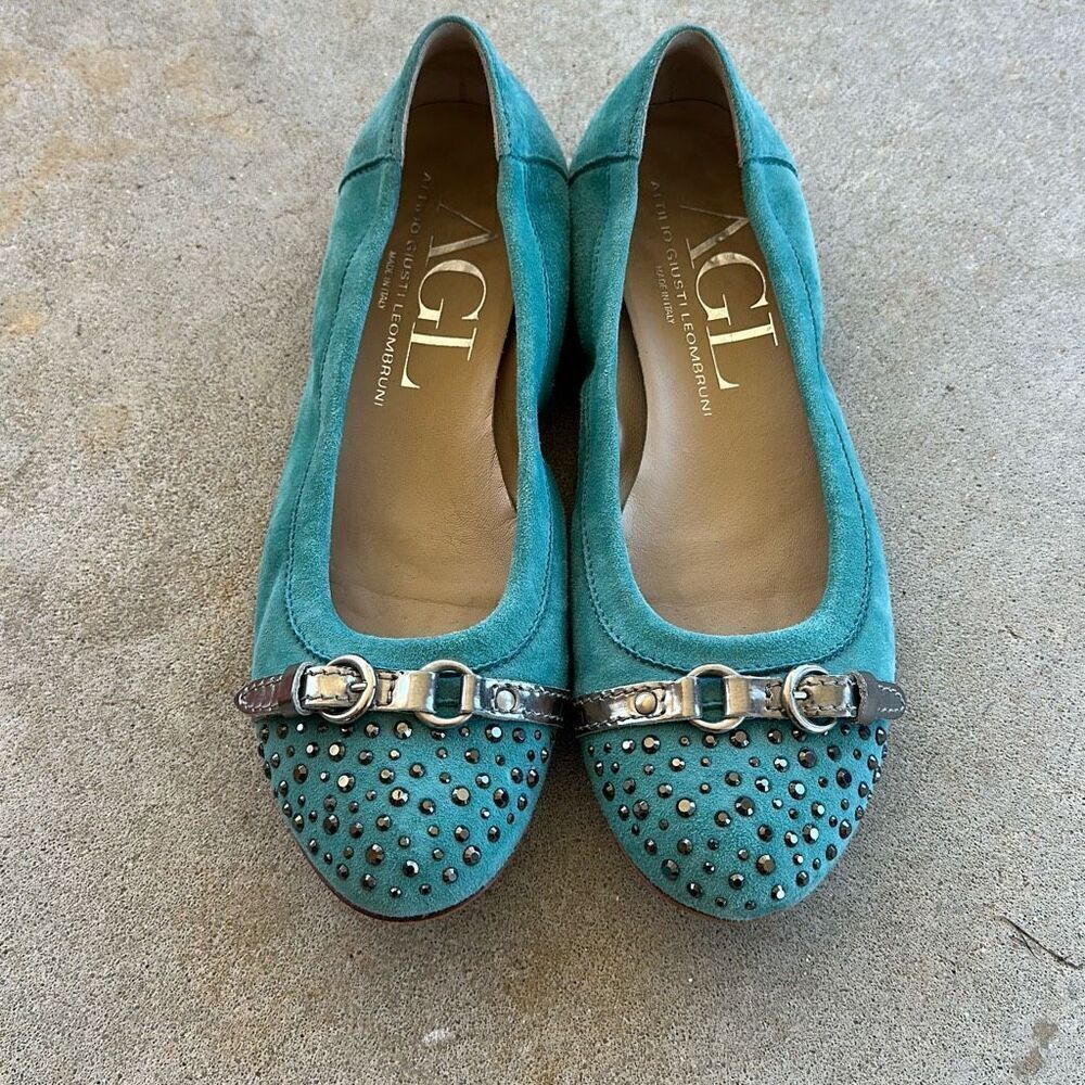 AGL Monika Ballet Flat Turquoise and Silver Studded Leather Women’s Size 38